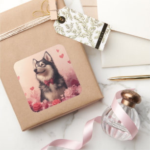 Alaskan Malamute with Roses - Valentine's Day  Square Sticker
