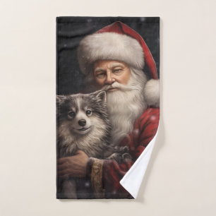 Alaskan Malamute with Santa Claus Christmas Bath Towel Set