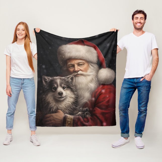 Alaskan Malamute with Santa Claus Christmas Fleece Blanket (In Situ)