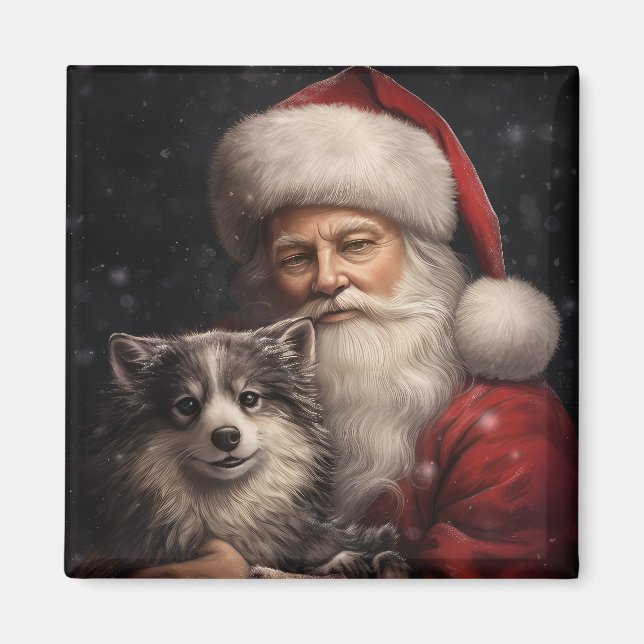 Alaskan Malamute with Santa Claus Christmas Magnet (Front)