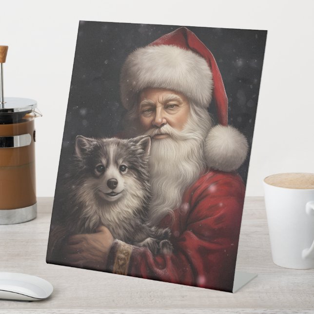 Alaskan Malamute with Santa Claus Christmas Pedestal Sign (In SItu)
