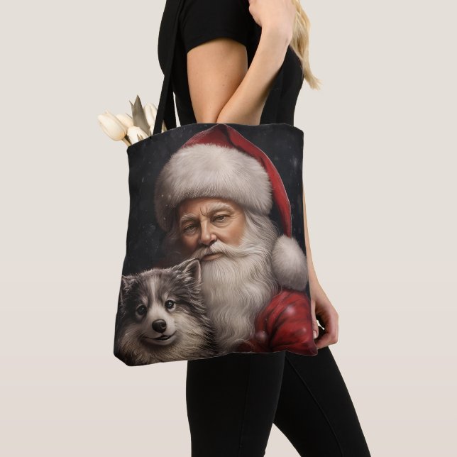 Alaskan Malamute with Santa Claus Christmas Tote Bag (Close Up)