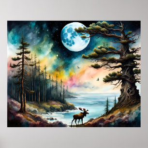 Alaskan Moose at the waters Edge of Woodland Poster