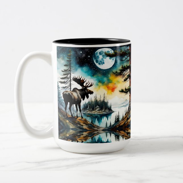 Alaskan Moose Standing on Mountain Ridge Two-Tone Coffee Mug (Left)