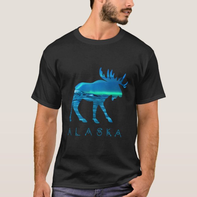 Alaskan Moose With Aurora Borealis Snow Scene T-Shirt (Front)