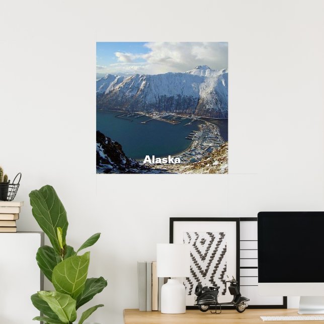 Alaskan Mountain Range and City Below Poster (Home Office)