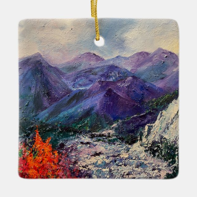 Alaskan Mountain Waterfall Ceramic Ornament (Front)