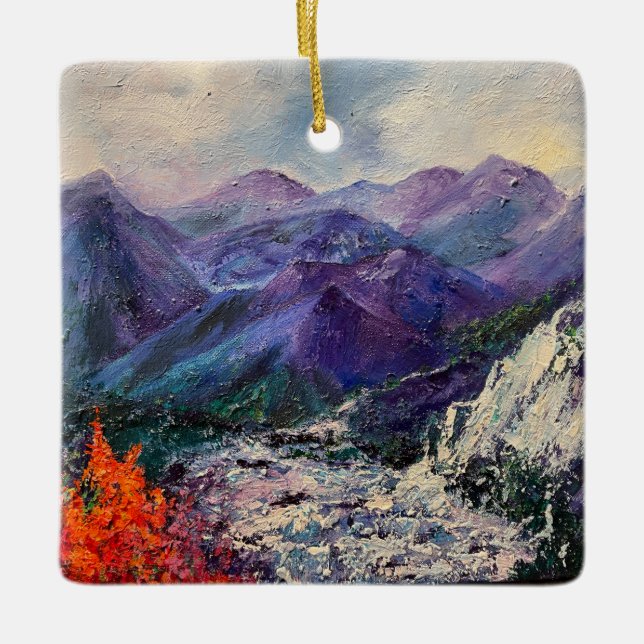 Alaskan Mountain Waterfall Holiday Ornament (Front)