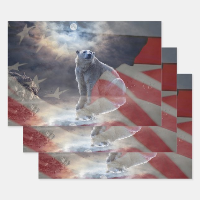 Alaskan Polar Bear American Flag Wrapping Paper Sheet (Set)