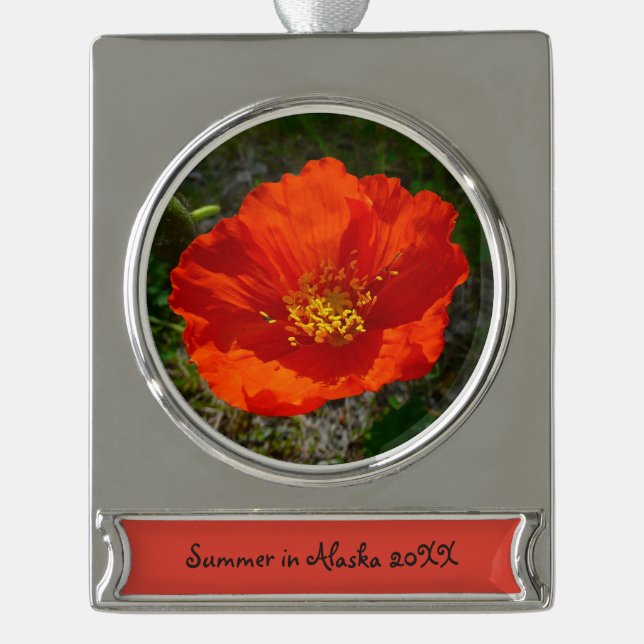 Alaskan Red Poppy Colourful Flower Silver Plated Banner Ornament (Front)