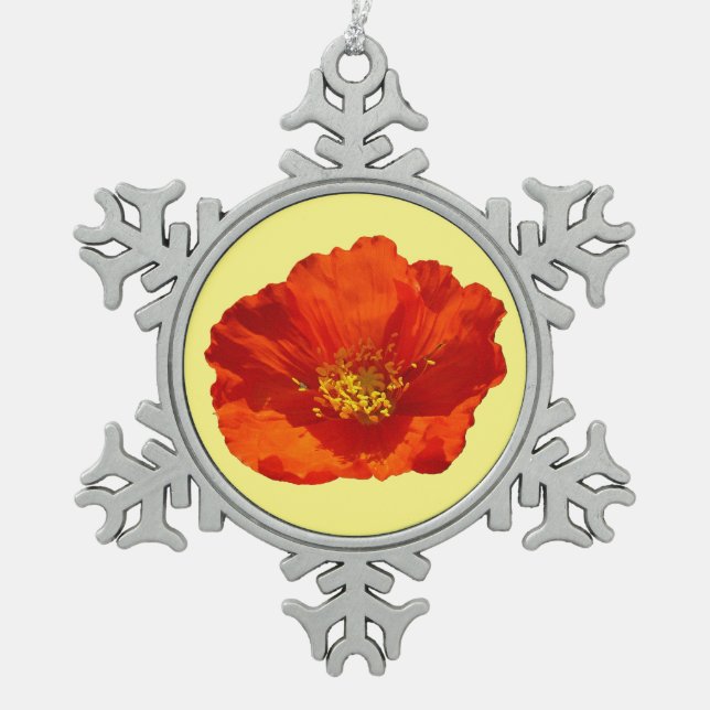 Alaskan Red Poppy Colourful Flower Snowflake Pewter Christmas Ornament (Front)