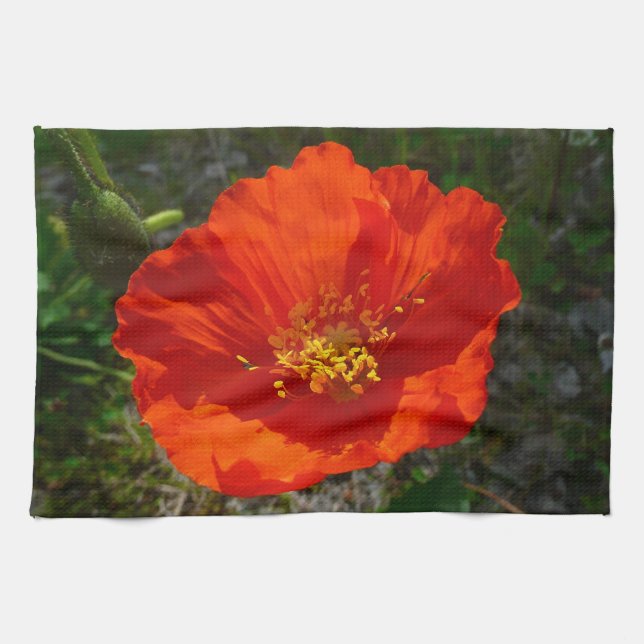 Alaskan Red Poppy Colourful Flower Tea Towel (Horizontal)
