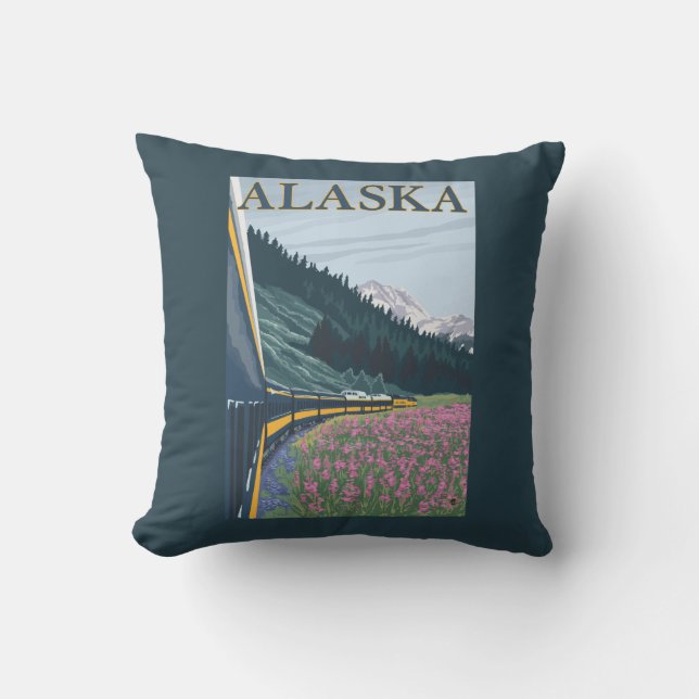 AlaskaRailroad and Fireweed Vintage Travel Cushion (Front)