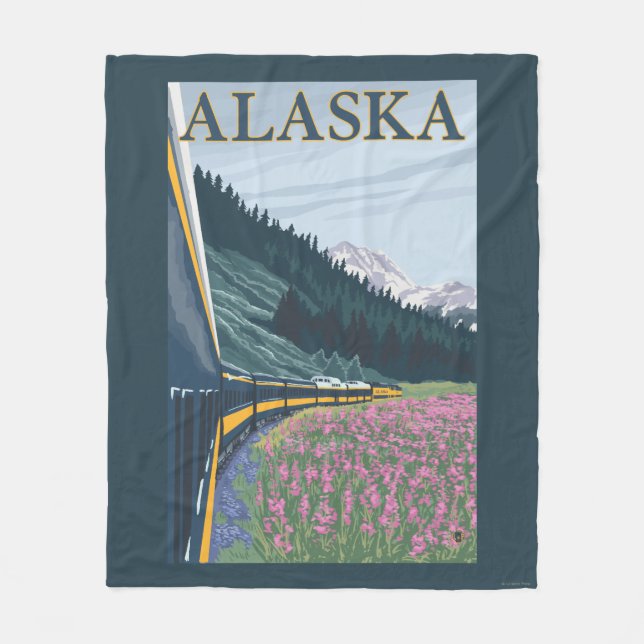 AlaskaRailroad and Fireweed Vintage Travel Fleece Blanket (Front)