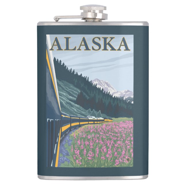 AlaskaRailroad and Fireweed Vintage Travel Hip Flask (Front)