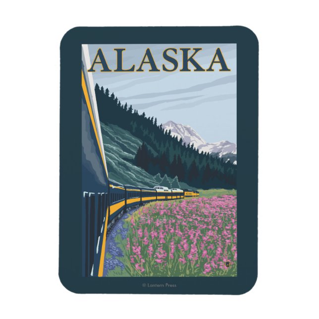 AlaskaRailroad and Fireweed Vintage Travel Magnet (Vertical)