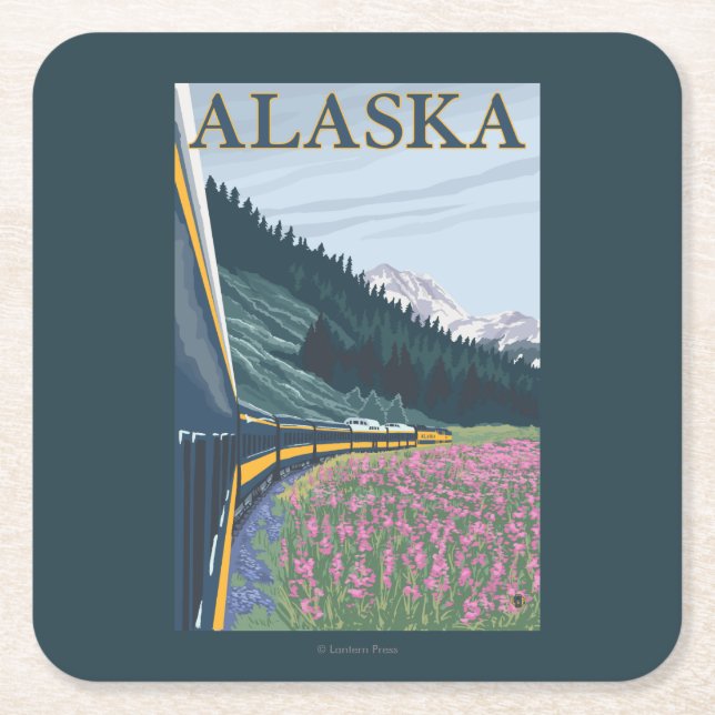 AlaskaRailroad and Fireweed Vintage Travel Square Paper Coaster (Front)