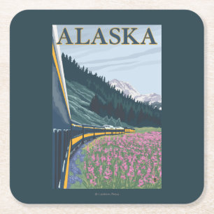 AlaskaRailroad and Fireweed Vintage Travel Square Paper Coaster