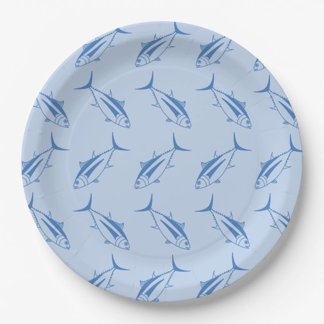 Albacore Tuna Fish in Aegean Blue on Pastel Blue Paper Plate (Front)