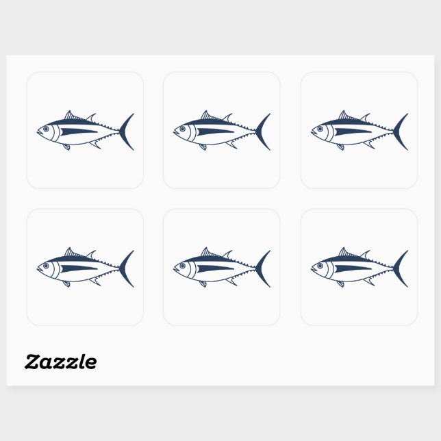 Albacore Tuna Fish in Marine Blue and White Square Sticker (Sheet)