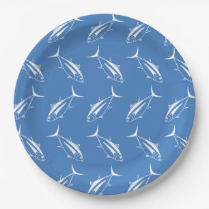 Albacore Tuna Fish in White on Aegean Blue Paper Plate