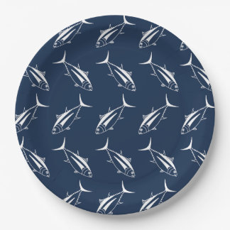 Albacore Tuna Fish in White on Marine Blue Paper Plate