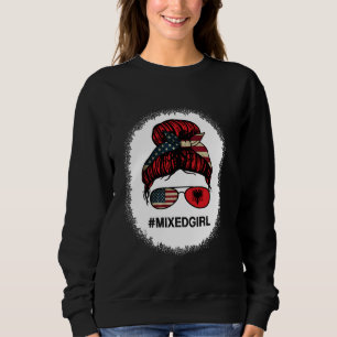 Albania American USA Flag - USA Albanian Messy Bun Sweatshirt