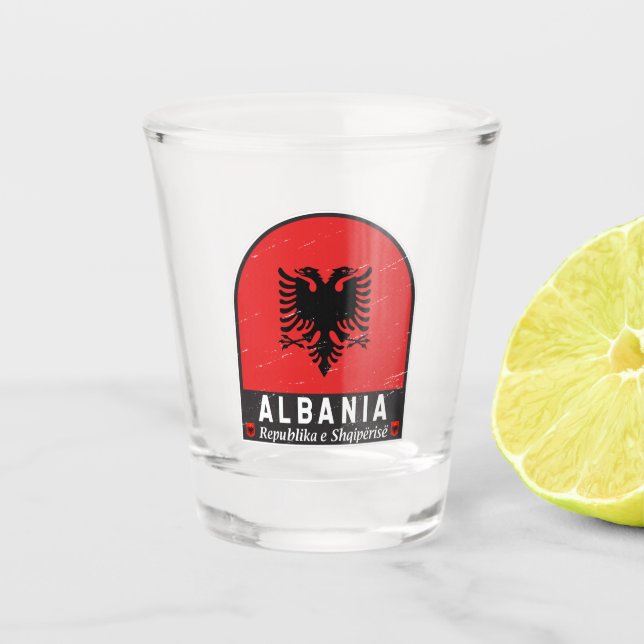 Albania Flag Emblem Distressed  Shot Glass (Front)