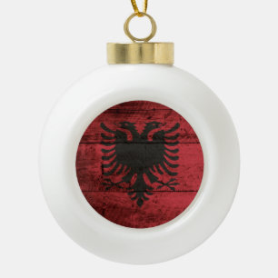 Albania Flag on Old Wood Grain Ceramic Ball Christmas Ornament