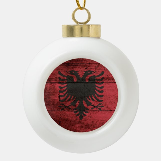 Albania Flag on Old Wood Grain Ceramic Ball Christmas Ornament (Front)