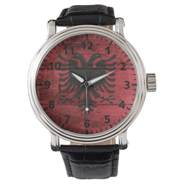 Albania Flag on Old Wood Grain Watch (Front)