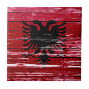 Albania Flag Paint on Wood Tile