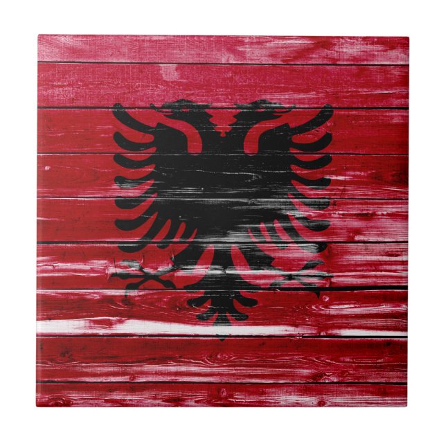 Albania Flag Paint on Wood Tile (Front)
