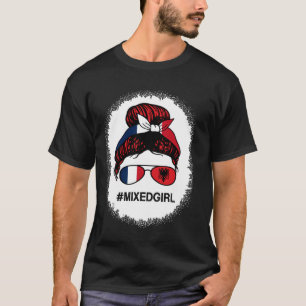 Albania France Flag Albanian French Messy Bun Blea T-Shirt
