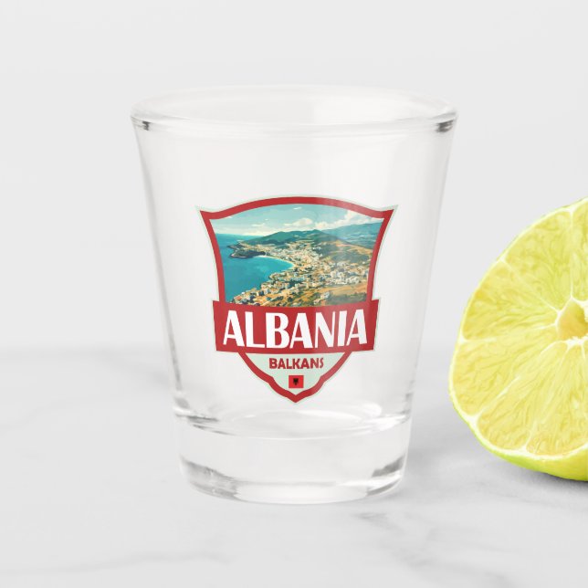 Albania Illustration Retro Badge Shot Glass (Front)
