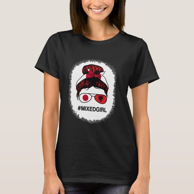 Albania Japan Flag Albanian Japanese Messy Bun Ble T-Shirt (Front)