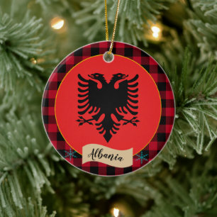 Albania, Red buffalo plaid & Albanian Flag Ceramic Tree Decoration