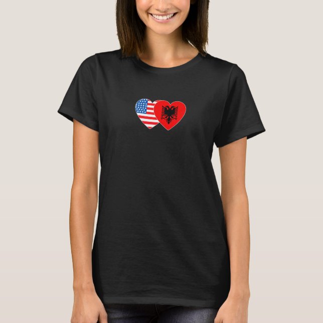Albania &USA Flag Twin Heart for Albanian American T-Shirt (Front)
