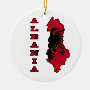 Albanian Flag in Outline Map of Albania Ceramic Tree Decoration