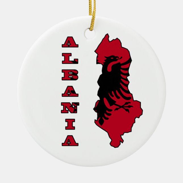 Albanian Flag in Outline Map of Albania Ceramic Tree Decoration (Front)