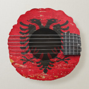 Albanian Flag on Old Acoustic Guitar Round Cushion