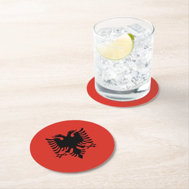 Albanian flag round paper coaster (Insitu)