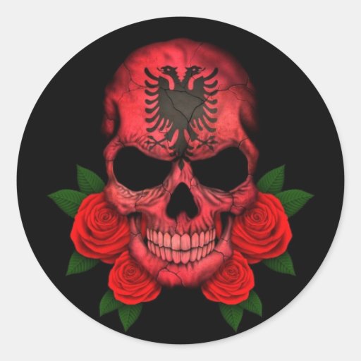 Image of Albanian Flag Skull with Red Roses Classic Round Sticker