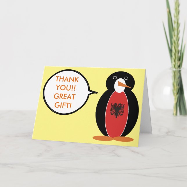 Albanian Flag Talking Ms. Penguin Thank You Card (Front)
