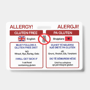 ALBANIAN Gluten Free Travel Card Allergy Aware ID Badge