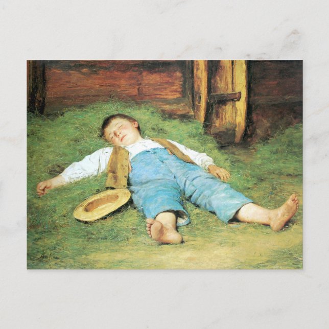 Albert Anker, Schlafender Knabe im Heu Postcard (Front)