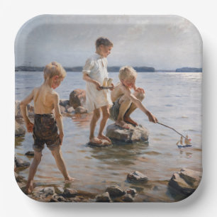 Albert Edelfelt - Boys Playing on the Shore Paper Plate