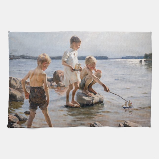 Albert Edelfelt - Boys Playing on the Shore Tea Towel (Horizontal)