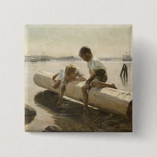 Albert Edelfelt - Two Boys on a Log 15 Cm Square Badge