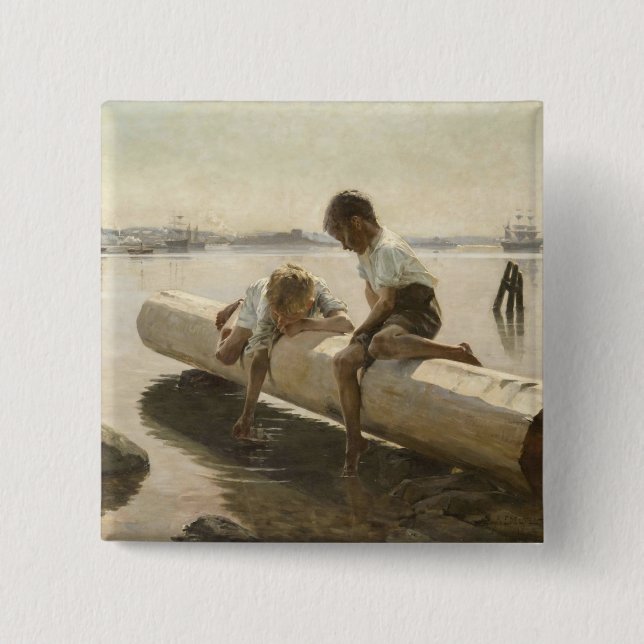 Albert Edelfelt - Two Boys on a Log 15 Cm Square Badge (Front)